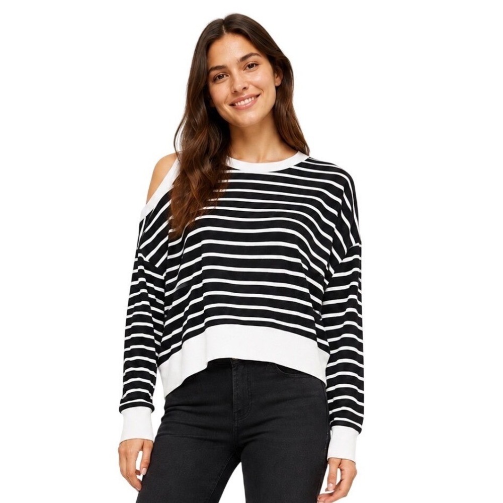 Spanx AirEssentials Striped Cold Shoulder Sweatshirt Black White Size S